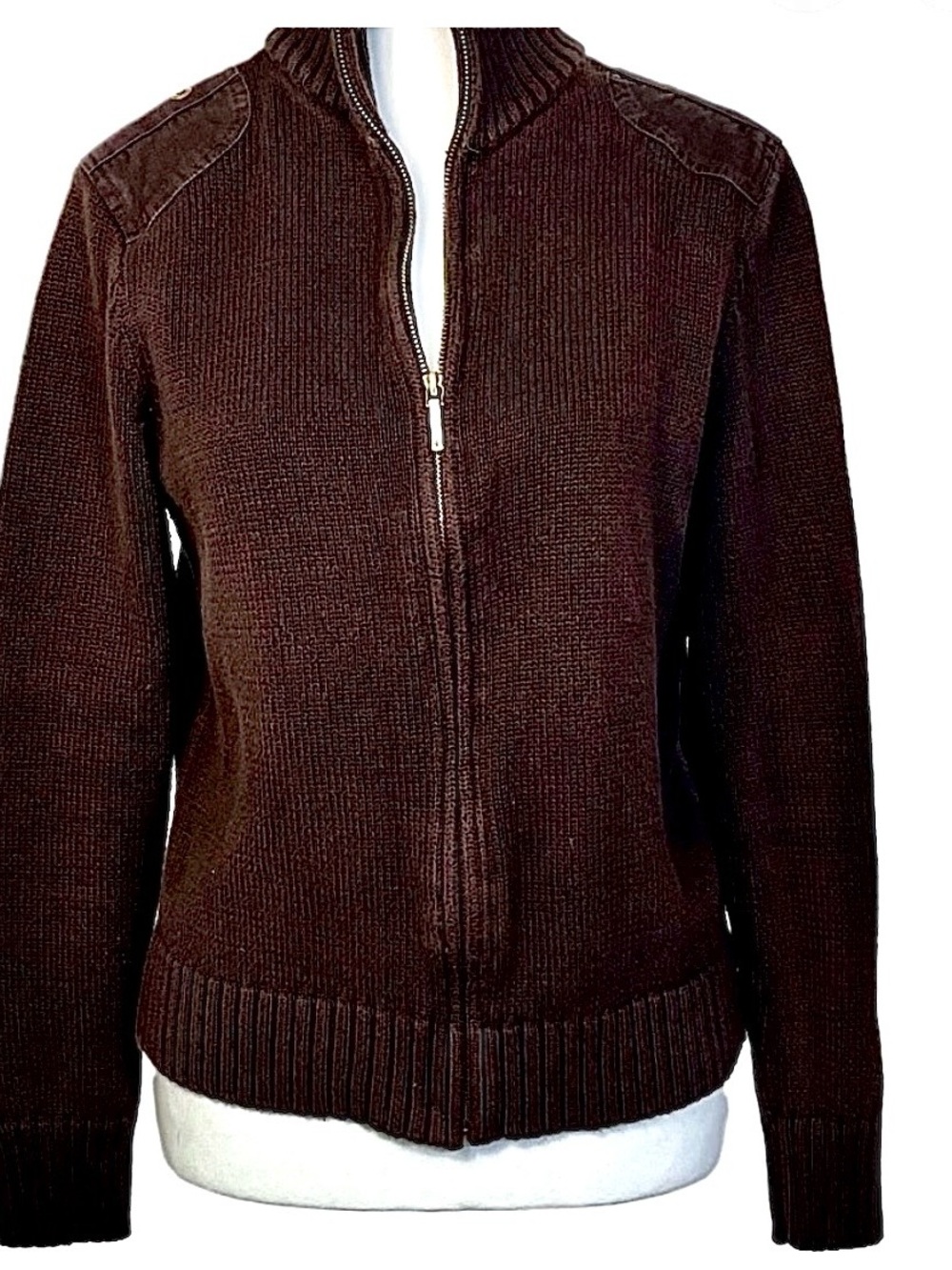 Lauren Ralph Lauren Brown Cotton Full Zip Cardigan Knit Sweater Medium